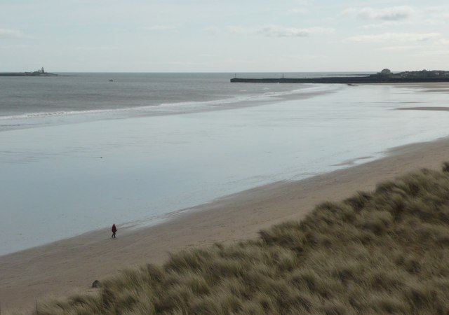 Lone walker on the beach north of Amble Photo | UK Beach Guide